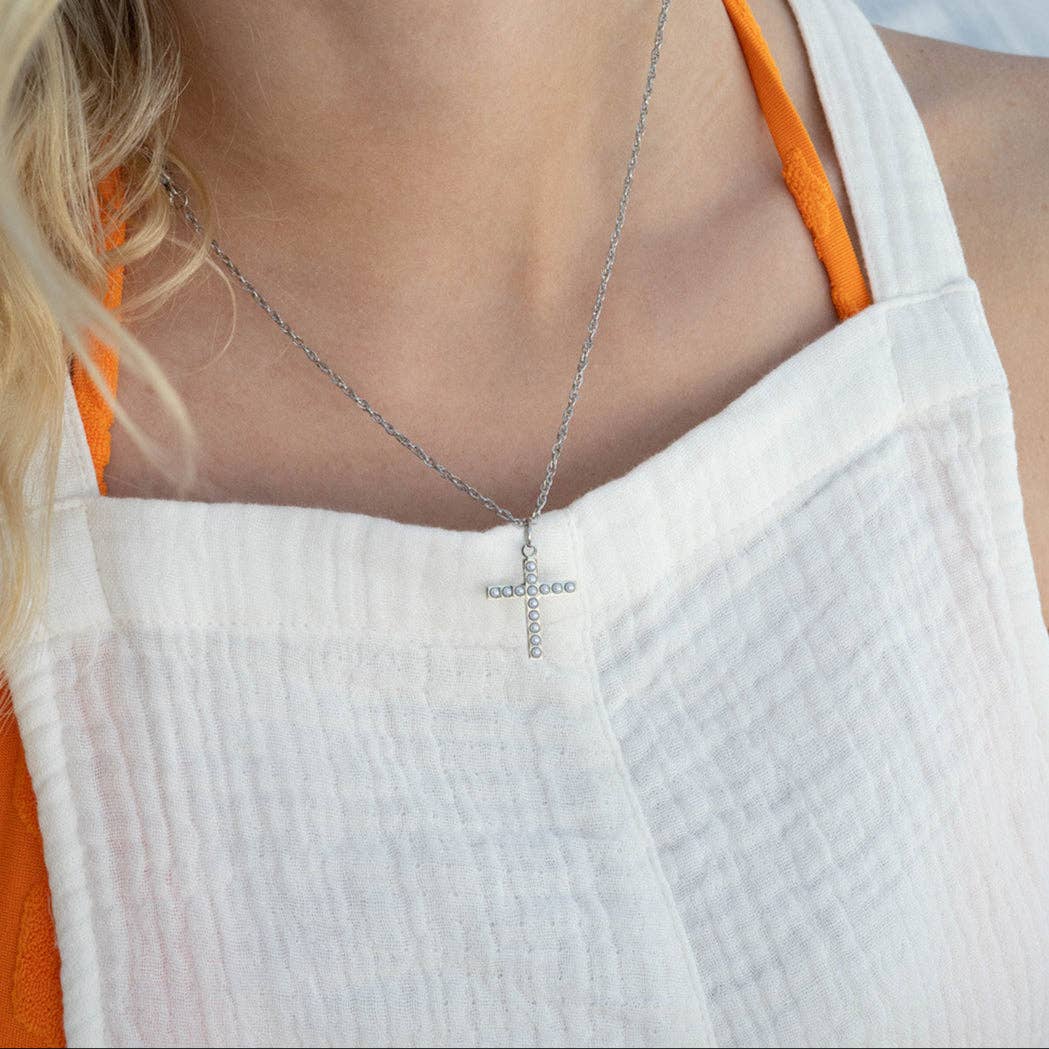 18K Gold PVD Stainless Steel Pearl Beaded Cross Charm: Stainless / 15mm