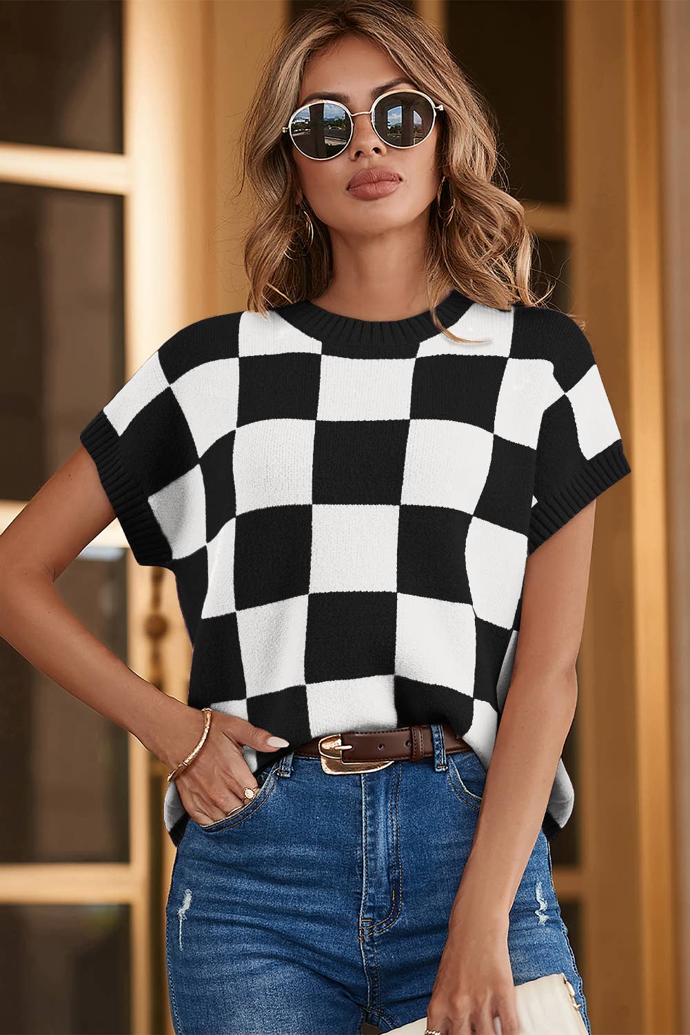 LDC Colorblock Plaid Pattern Ribbed Trim Sweater Tank Top: Black / Missy / L