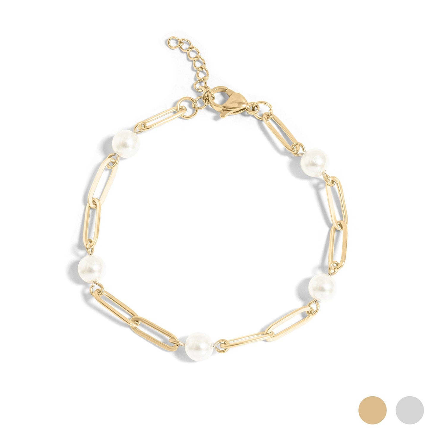 18K Gold PVD Steel Station Pearl Paperclip Chain Bracelet: Gold