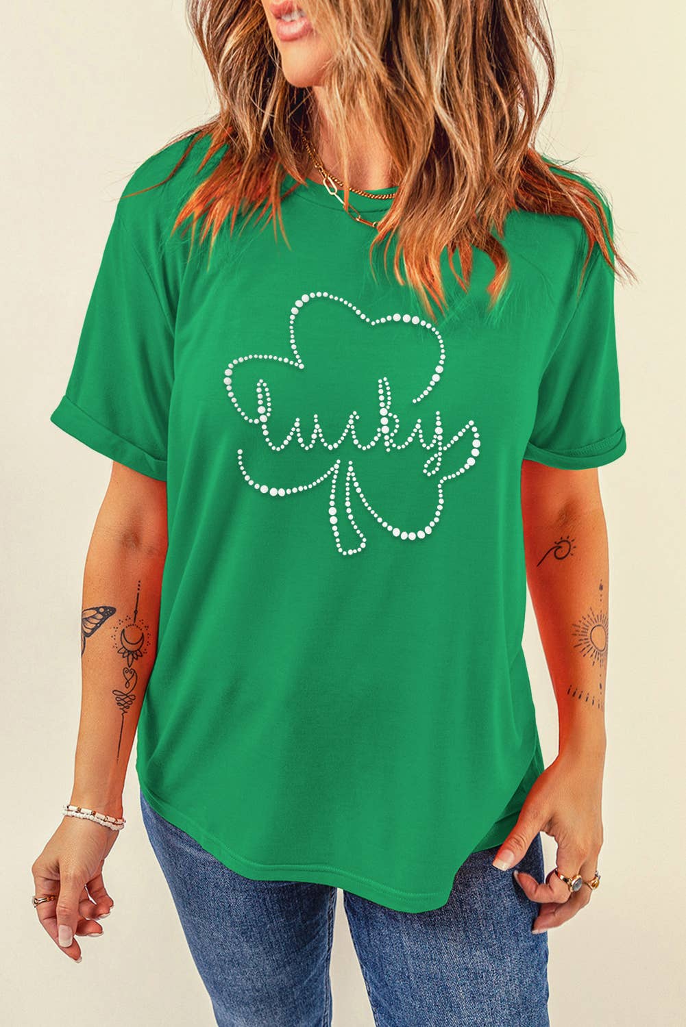 St. Patrick Rhinestone Lucky Clover Round Neck Tee | S-3XL: Bright Green / S