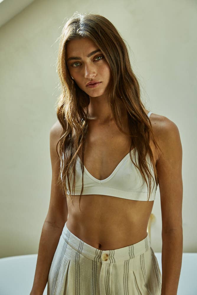 S1168N | Brami Seamless Ribbed Plunged V-Neck Strap Bralette: Chocolate / ML