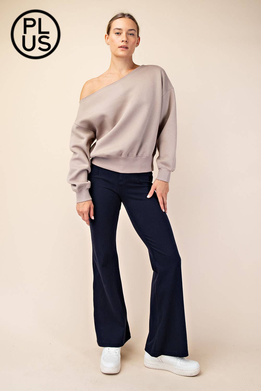 PLUS SIZE FRENCH TERRY FLEECE OFF SHOULDER SWEATSHIRT: Eucalyptus / 1X-2X-3X(3-2-1)
