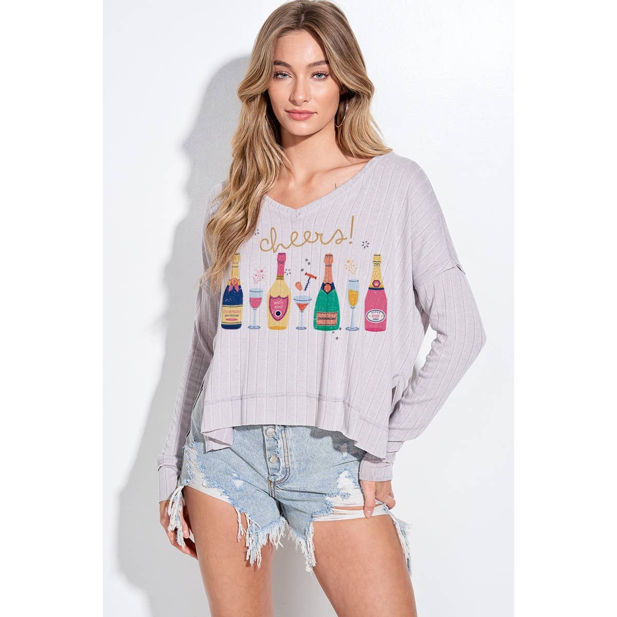 Holiday champagne bottle v neck long sleeve top: Butter / S