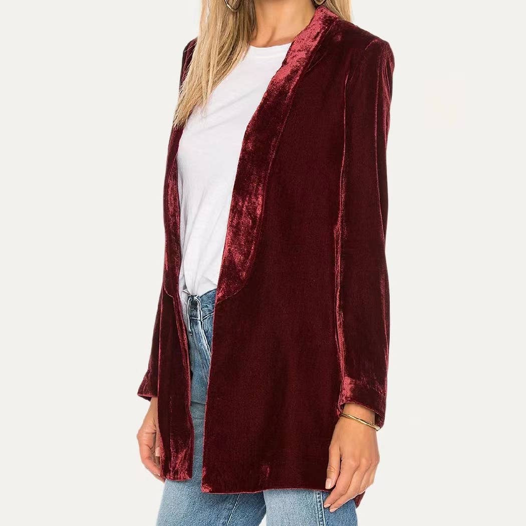 Trendy Velvet Solid Open Front Lightweight Blazer: Dark Red / XL