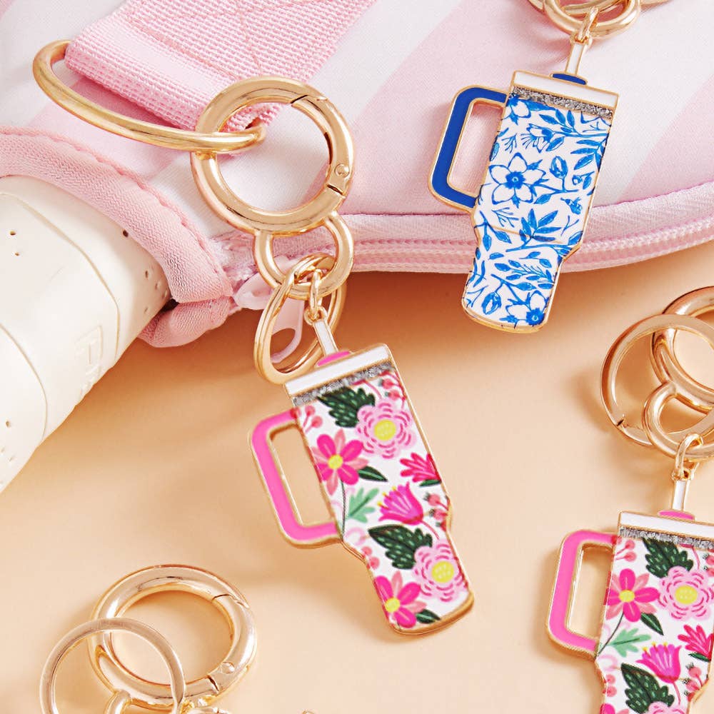 Enamel Floral Tumbler Back Engraved Keychain Bag Charm: Blue
