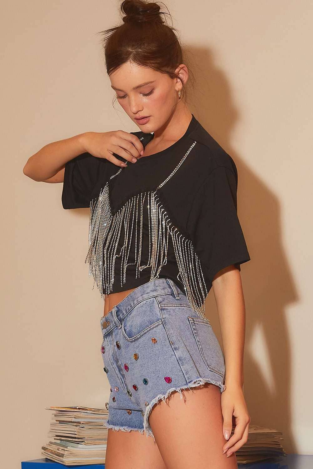 Color Stone Trim Denim Short: DENIM / L