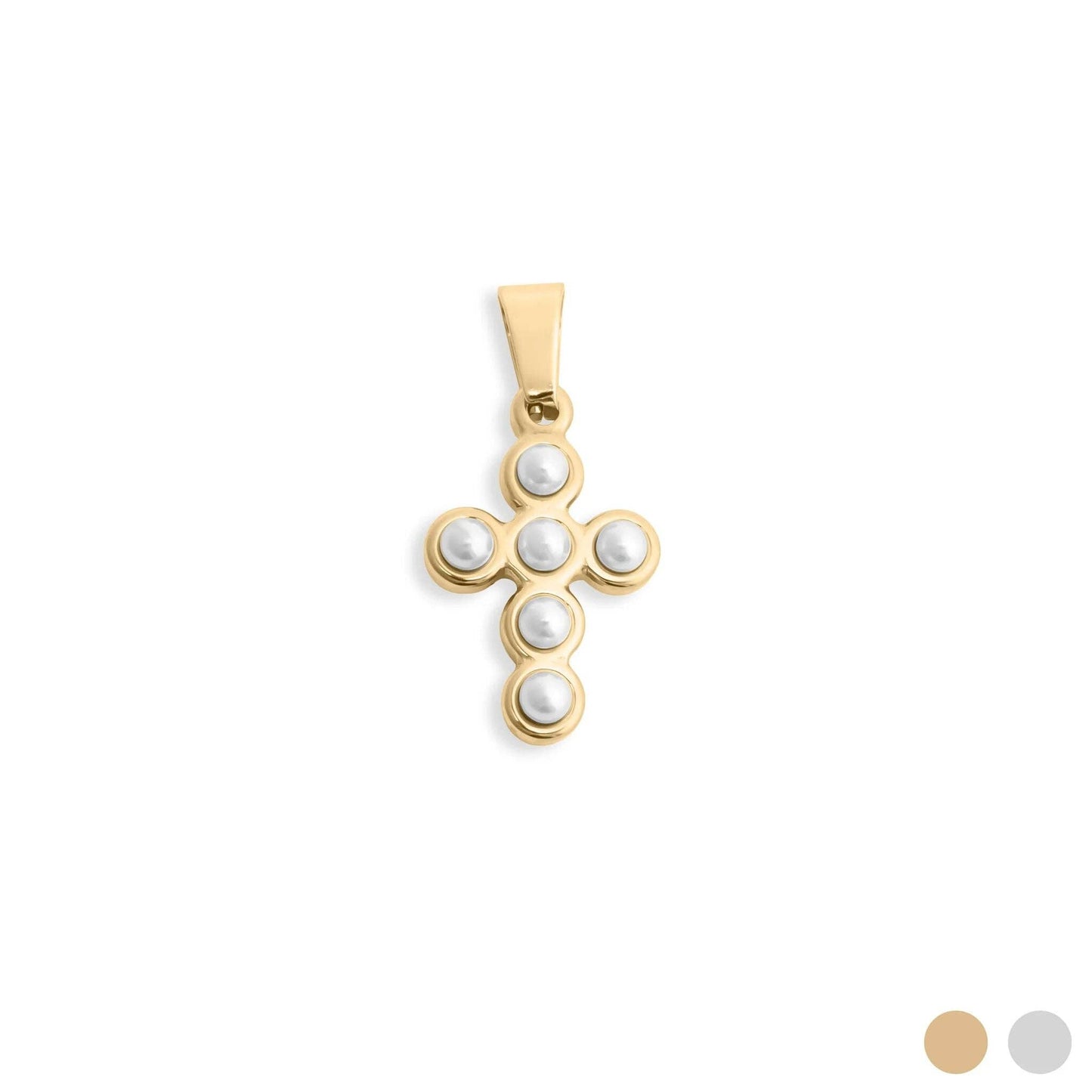 18K Gold PVD Stainless Steel Pearl Cross Charm: Gold