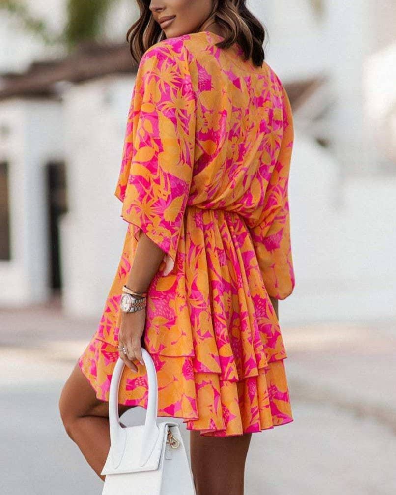 V-Neck Print Waist Cinched Dolman Sleeve Dress: Orange / S