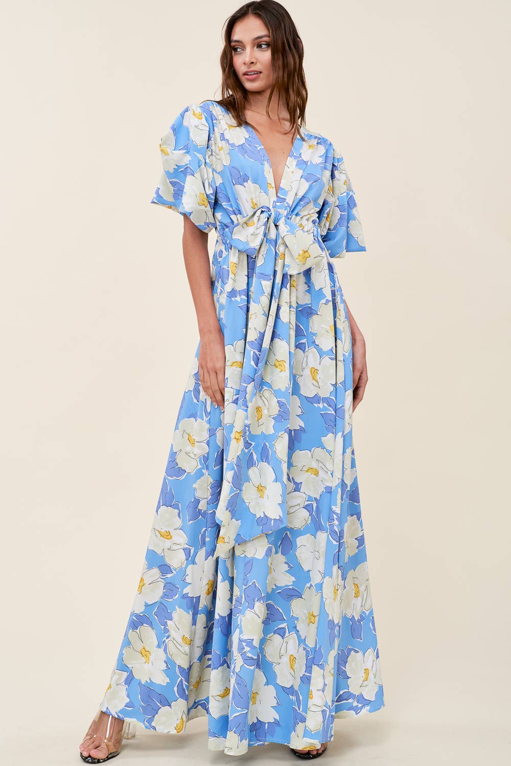 Printed V Neck Maxi Dress - Short Sleeve: PURPLE/LAVENDER