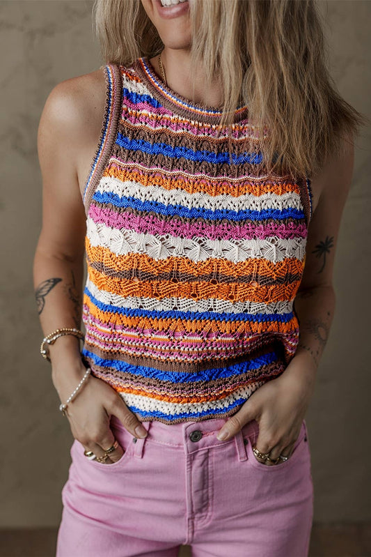 Striped Textured Knit Crew Neck Sweater Vest: MULTI / L