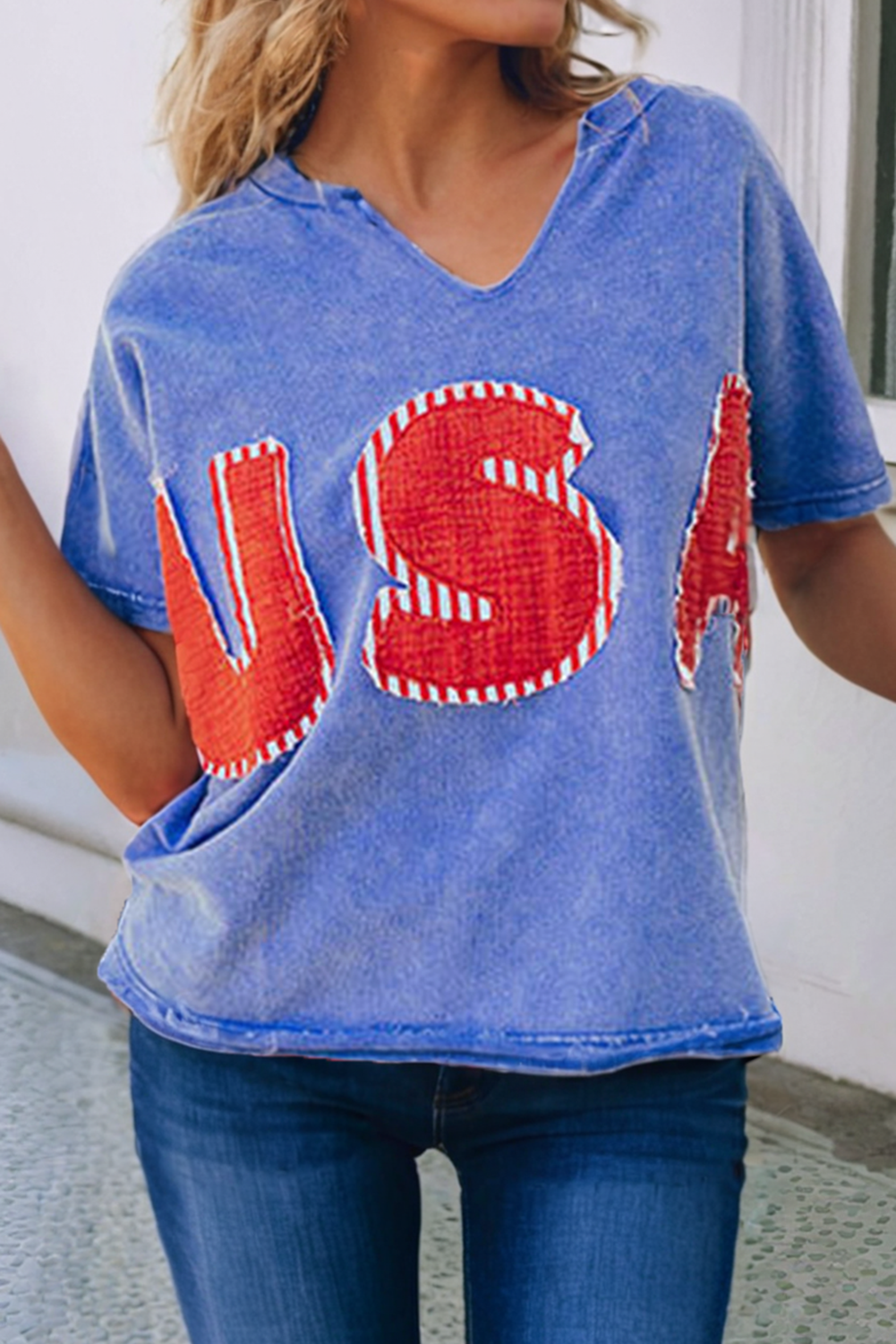 LDC USA Patch Mineral Wash Notch V Neck Loose T Shirt: Sky Blue / M