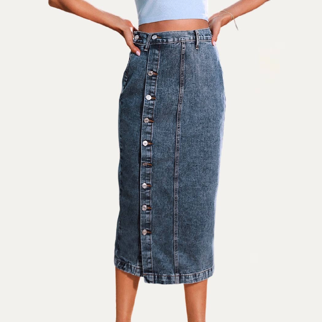 Always Chic Buttons High-Rise Denim Midi Skirt: DARK WASH / XS