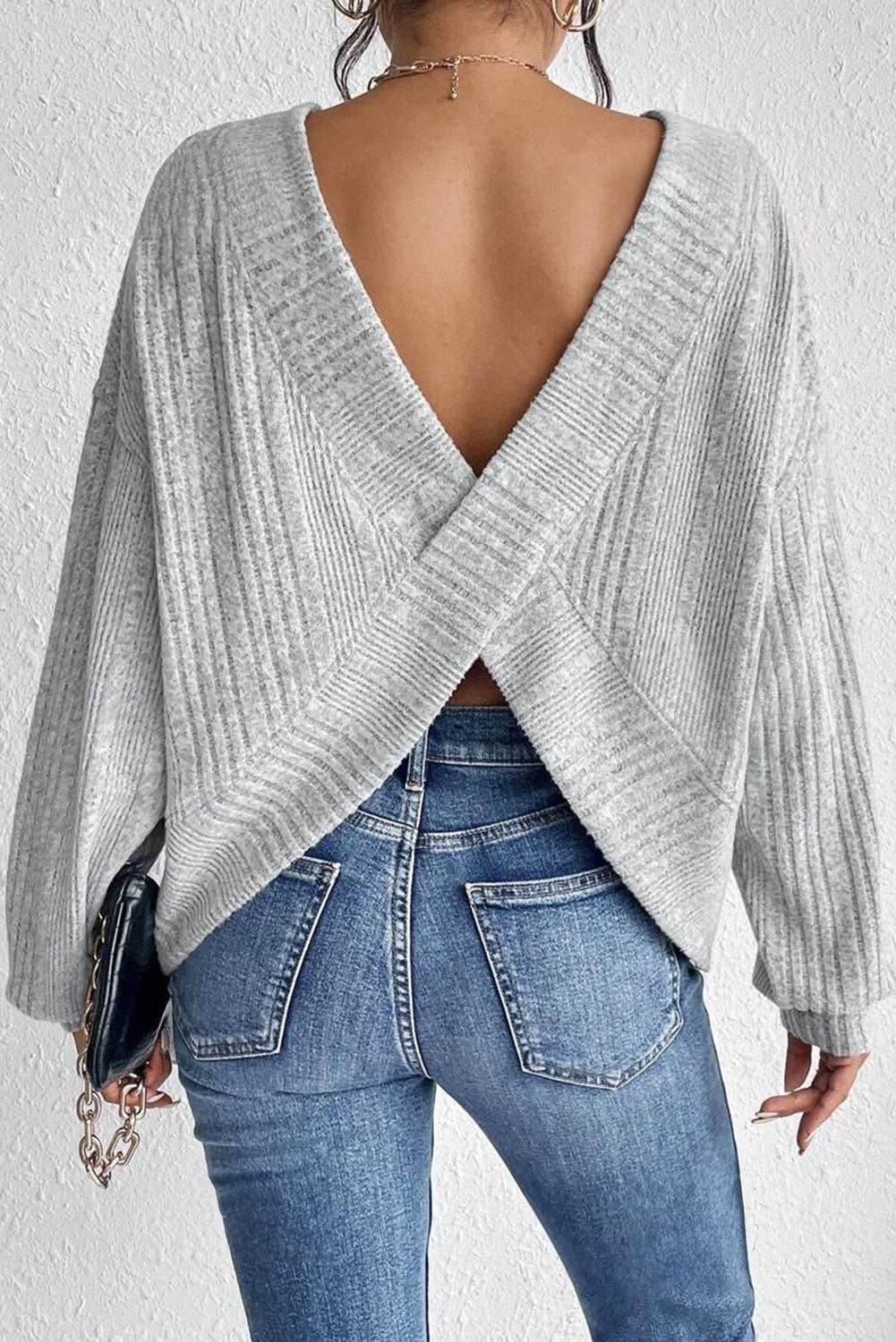 Textured Backless Long Sleeve Top: Light Grey / M