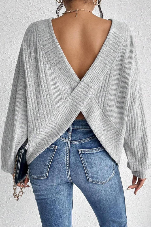 Textured Backless Long Sleeve Top: Light Grey / S