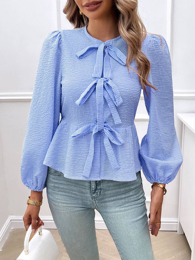 Puffy Sleeved Round Neck Loose Long-Sleeved Shirt: GREEN / (S) 1
