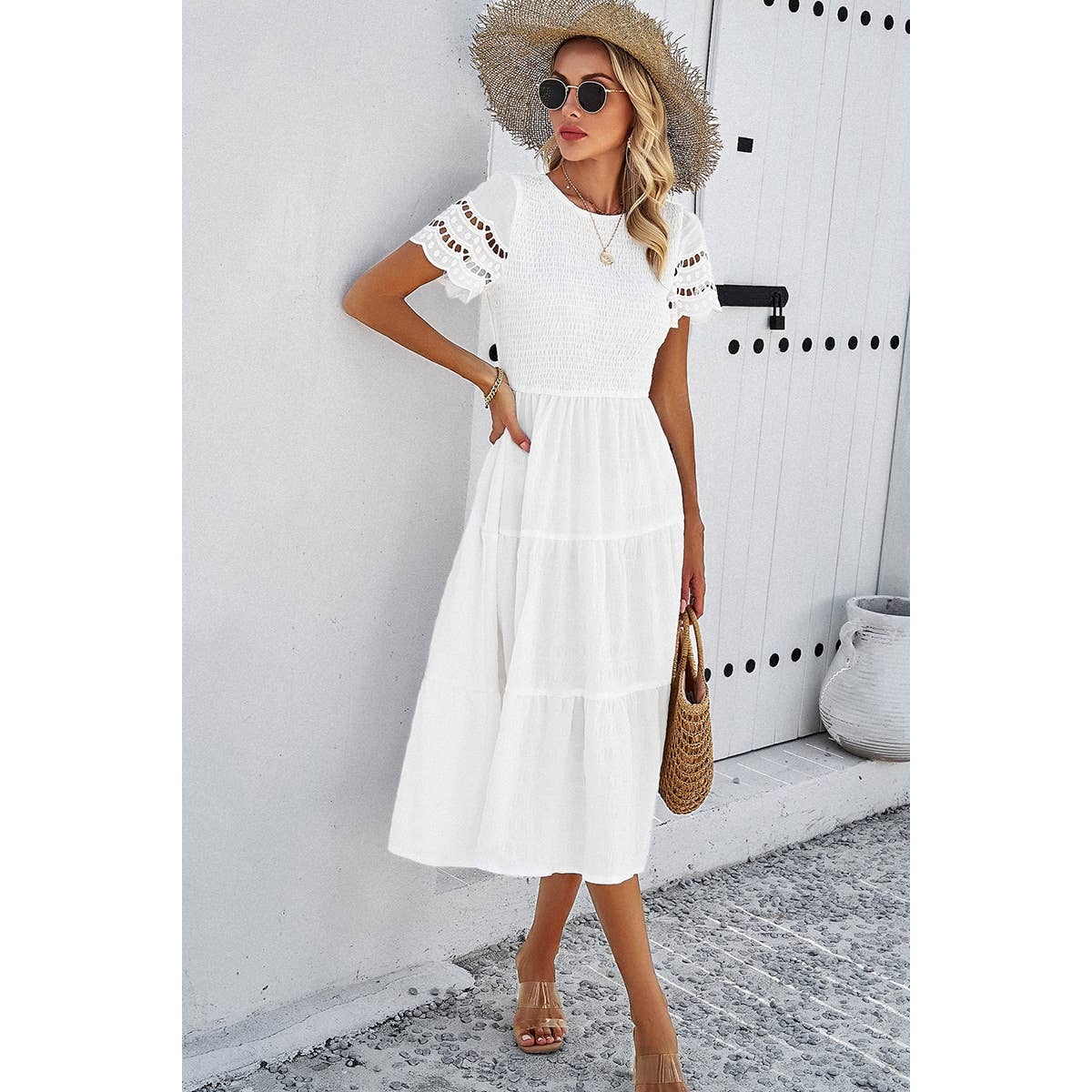 Lace Round Neck Ruched Fit Ruffle Solid Dress: WHITE / S