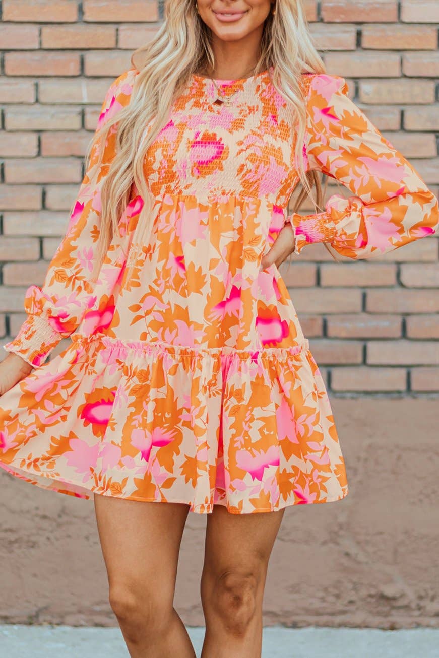 Abstract Lantern Sleeve Ruffle Mini Dress: Orange / L