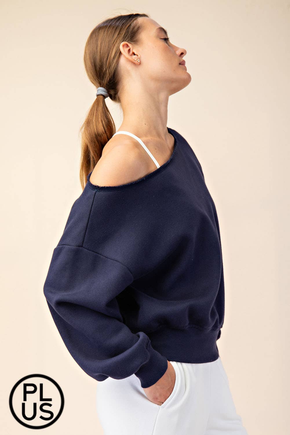 PLUS SIZE FRENCH TERRY FLEECE OFF SHOULDER SWEATSHIRT: Eucalyptus / 1X-2X-3X(3-2-1)