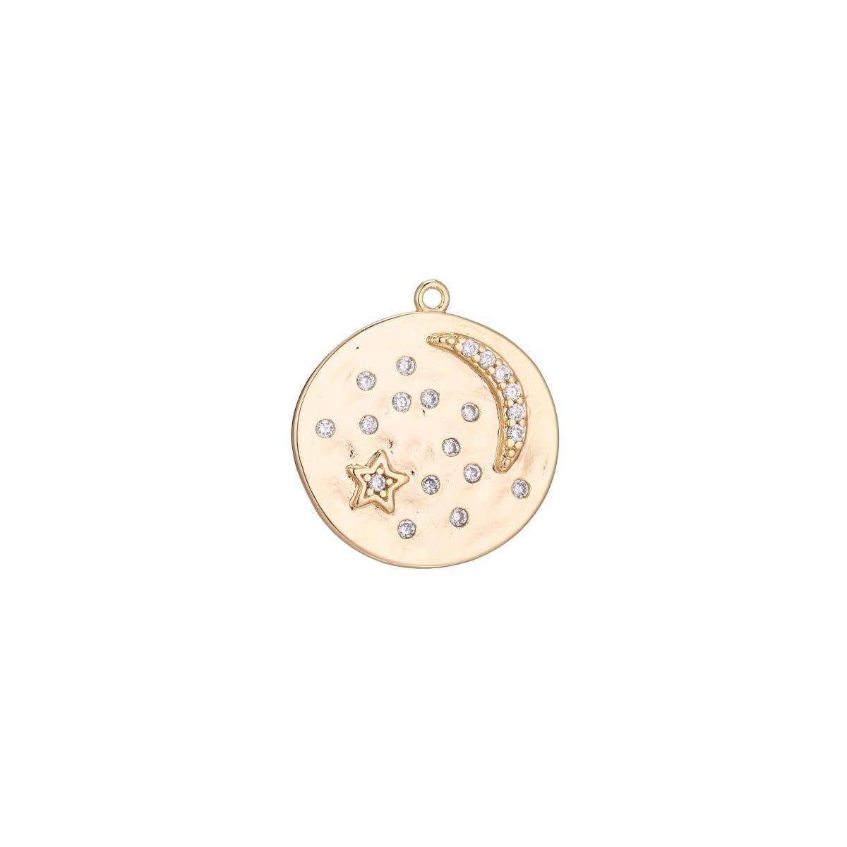 Love you to the moon and back charm Starry Night Coin Pendant, Moon and Stars Charm CZ in 18k Gold filled for Jewelry making Supply C-341