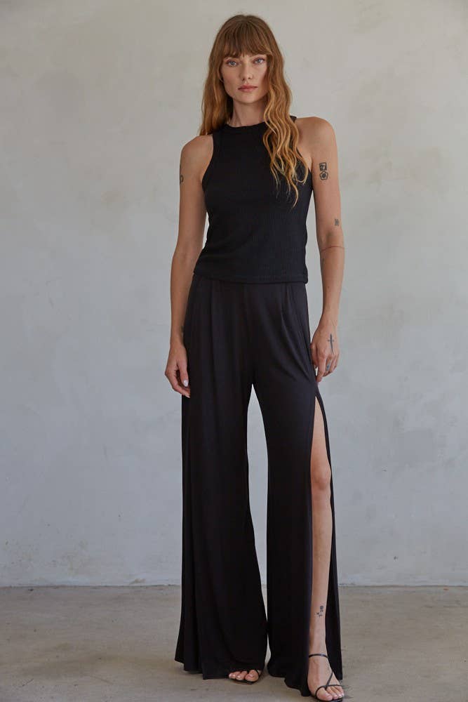 RJ3171 | High Waisted Split Wide Leg Pants: Black / S