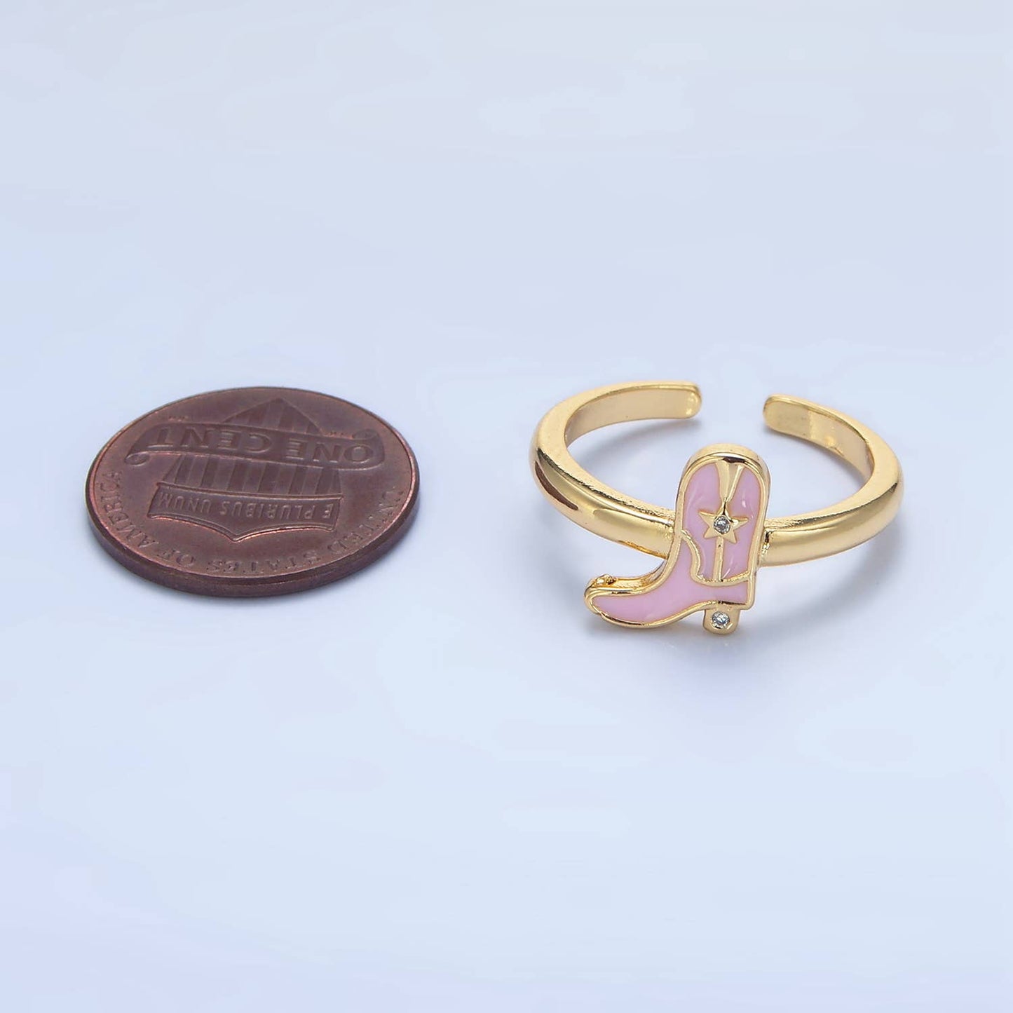 24K Gold Filled CZ Pink Enamel Cowboy Boots Ring  | O979