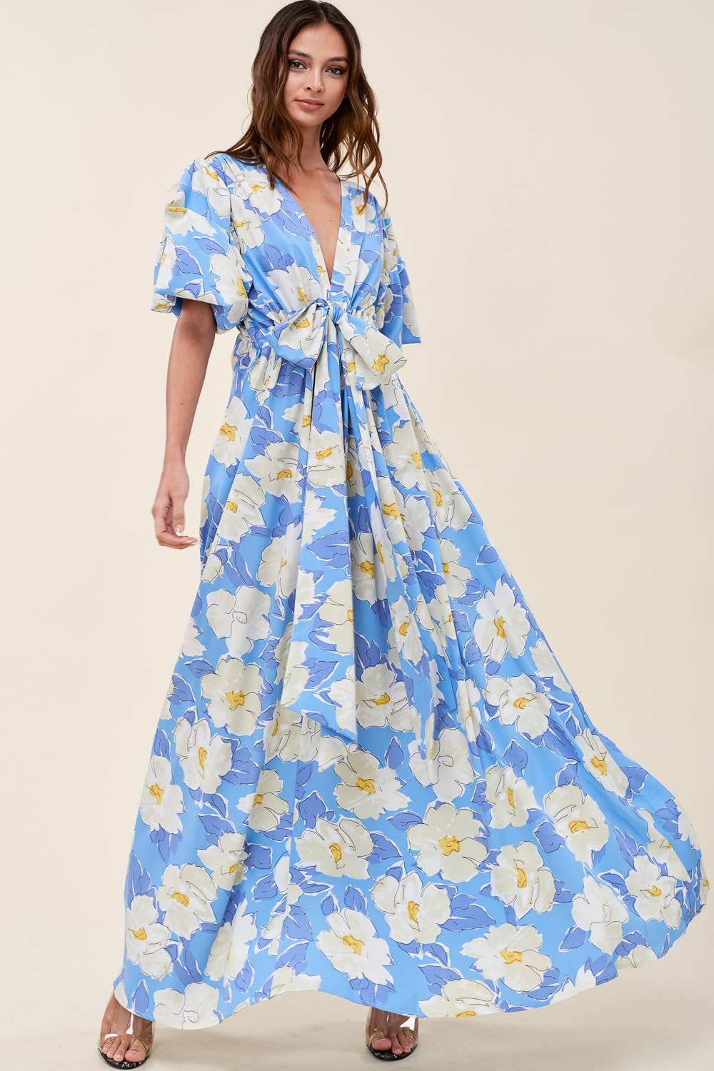 Printed V Neck Maxi Dress - Short Sleeve: PURPLE/LAVENDER