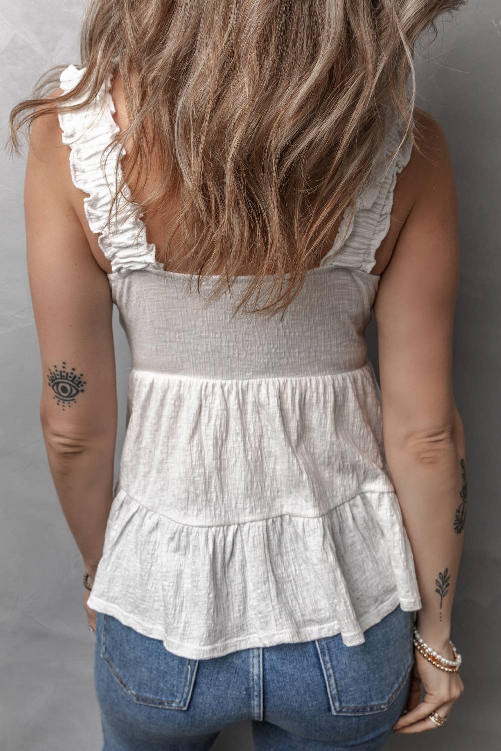 LDC Crinkled Ruffled Straps Peplum Babydoll Tank Top: White / M
