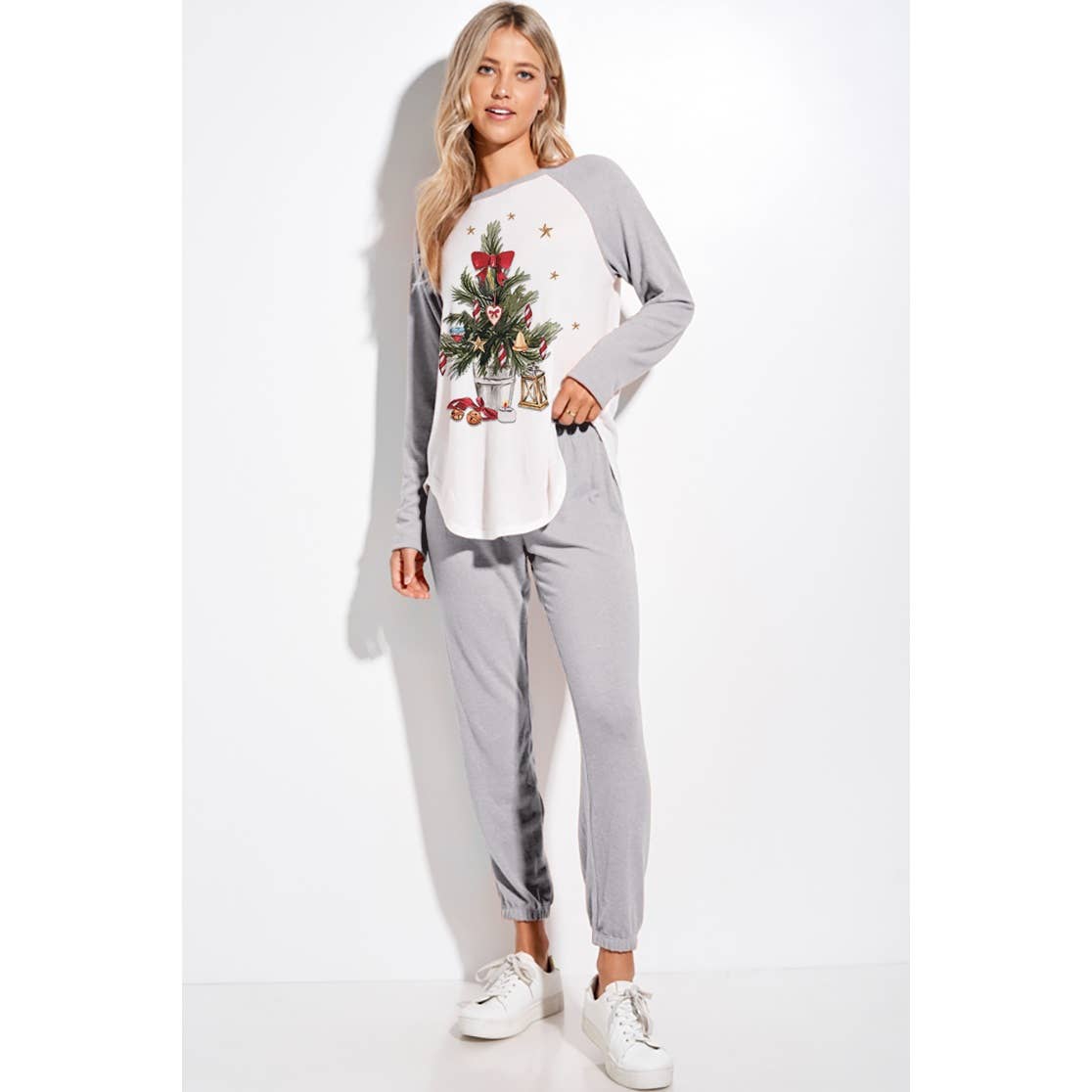 Christmas tree print raglan lounge wear set : RUST / L
