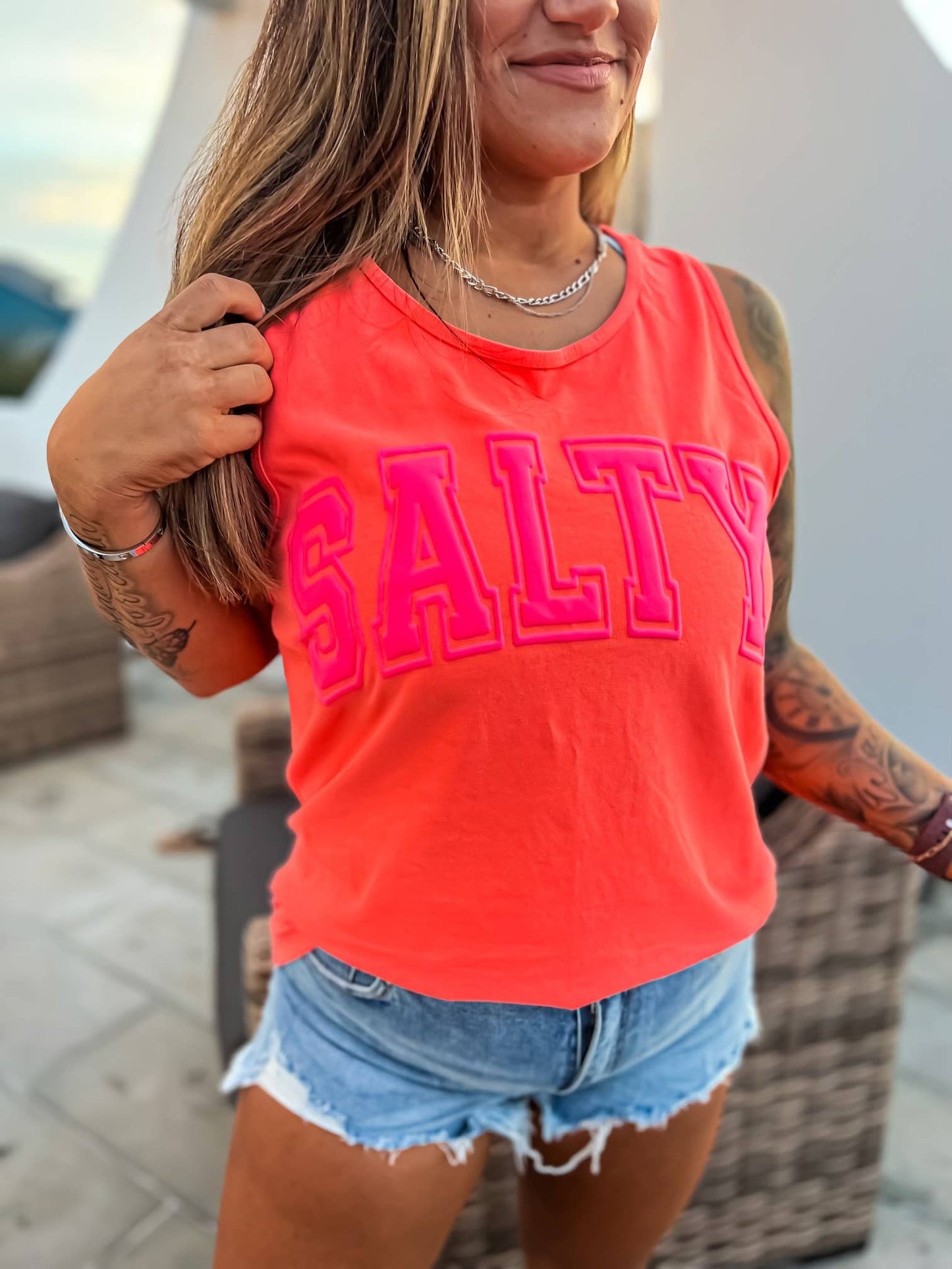Salty Puff Neon Red Orange Graphic Tank: Medium