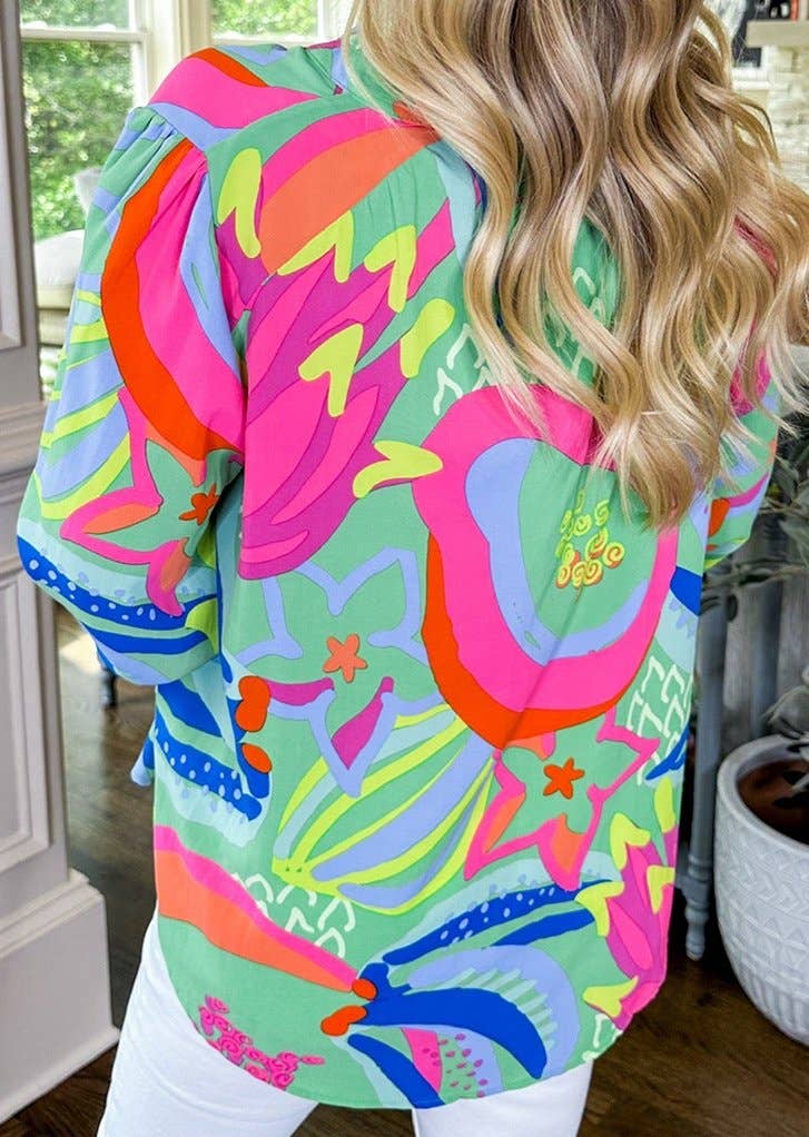 Abstract Print Ruffled Sleeve Buttoned V Neck Blouse: MULTI / M