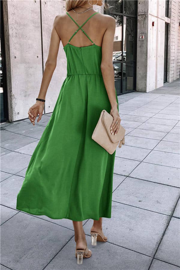 SZ1-DR0035 Ruched Cut Out Tank Dress with Front Slit: Green / L