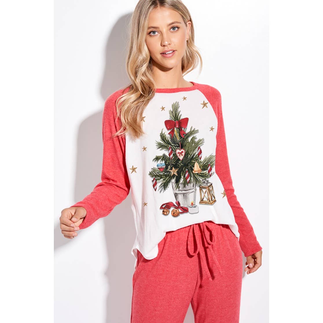 Christmas tree print raglan lounge wear set : RUST / L