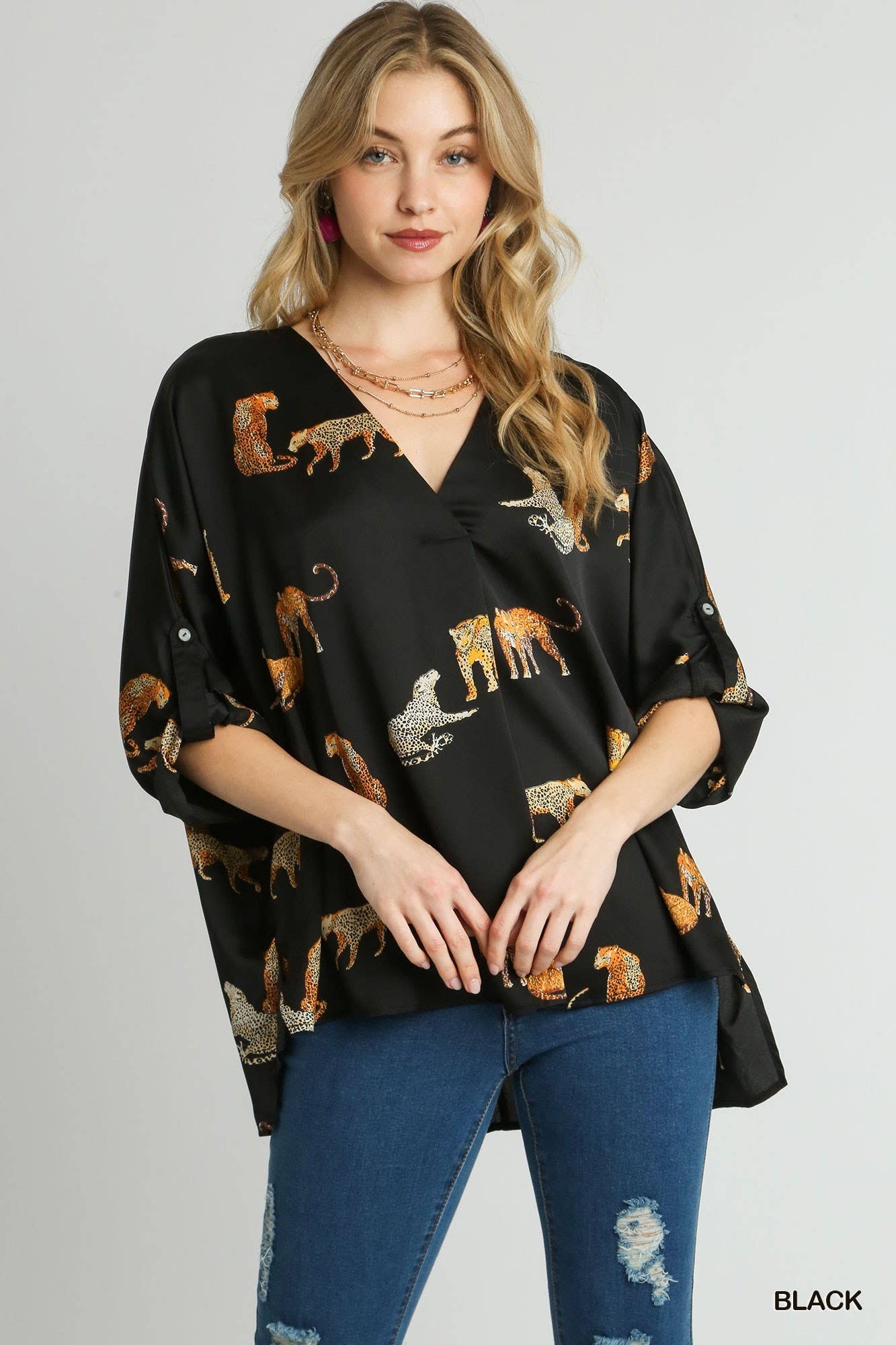 Satin Animal Print V-neck Front Pleated Top: ROYAL