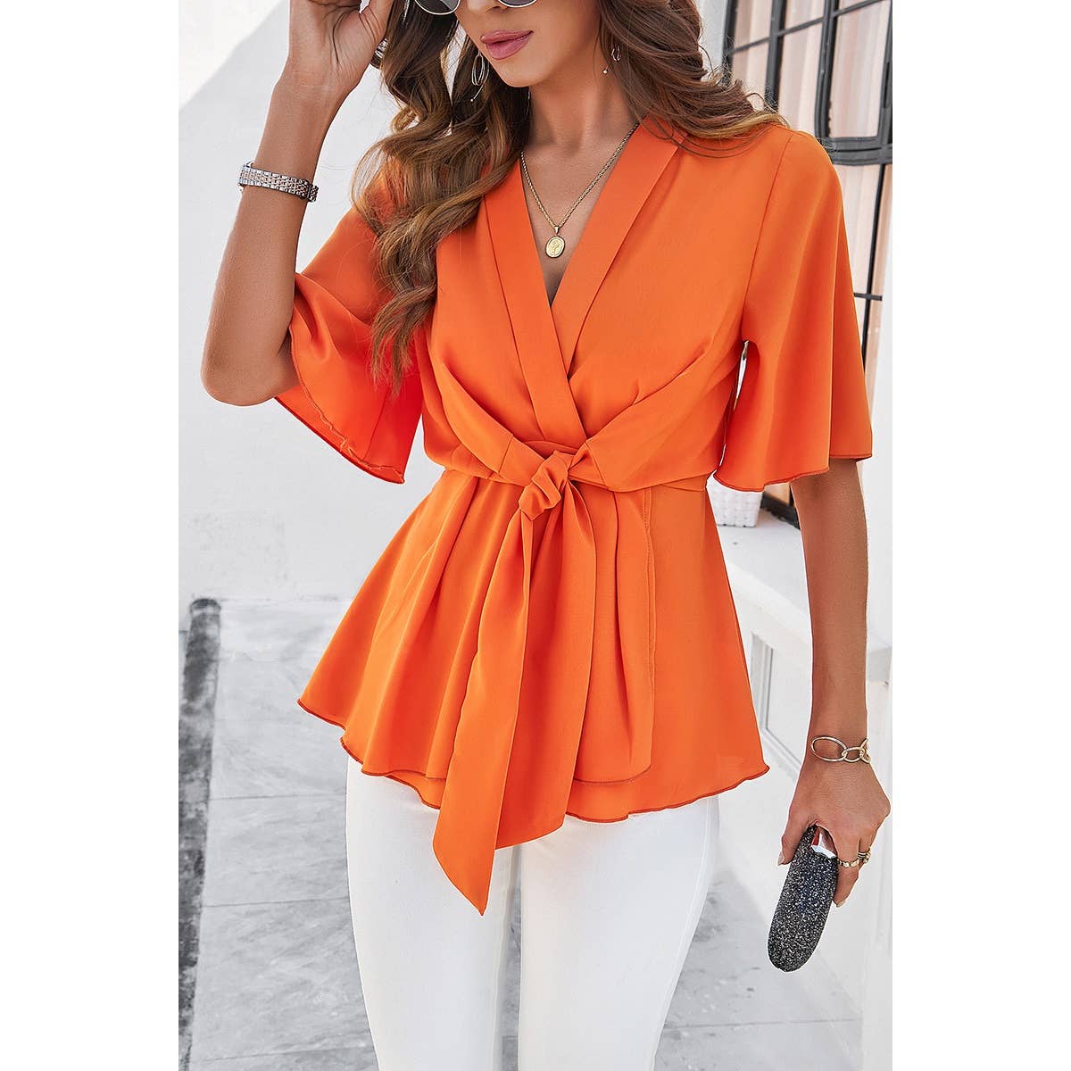Wide Sleeve Deep V Knot Cross Ruffle Fit Blouse: BLUE / L