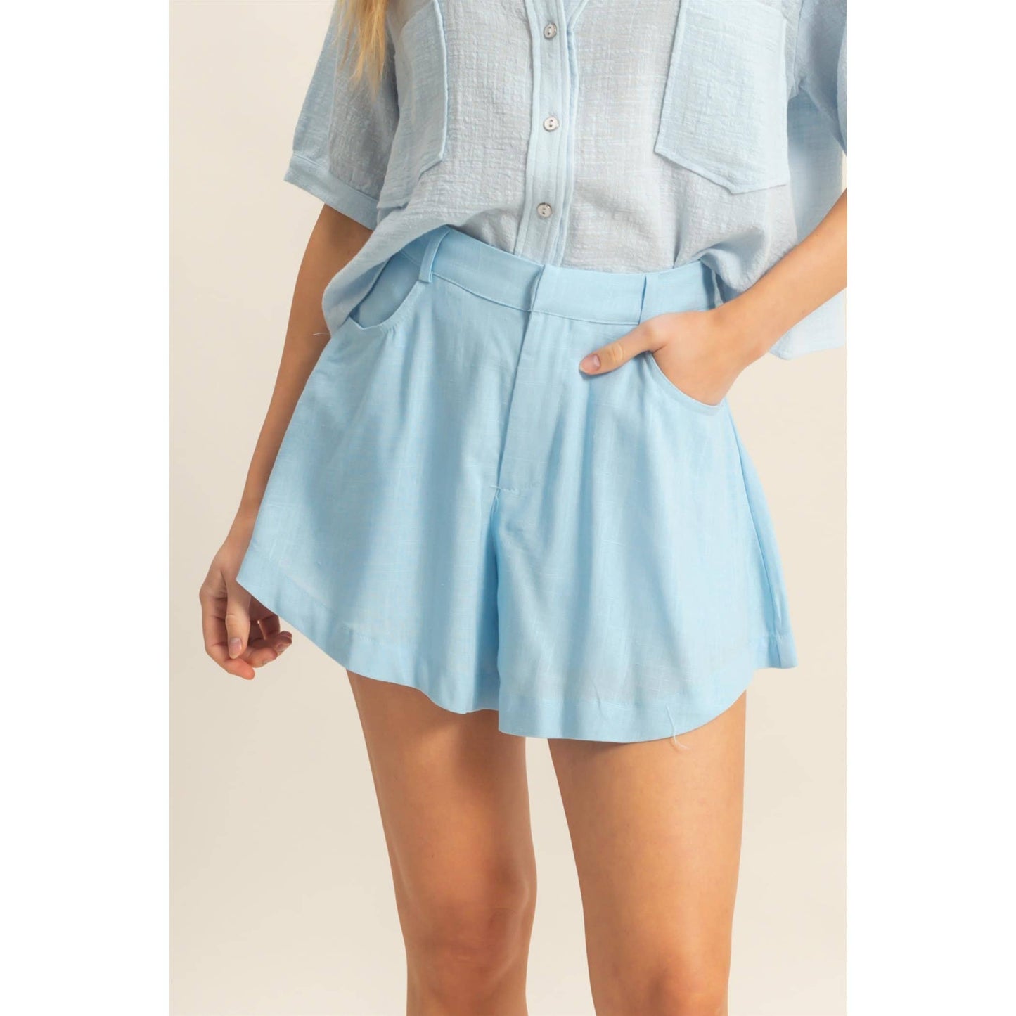 HF25A652-Linen Mid-Rise Flared Shorts: WHITE / S-M-L(2-2-2)