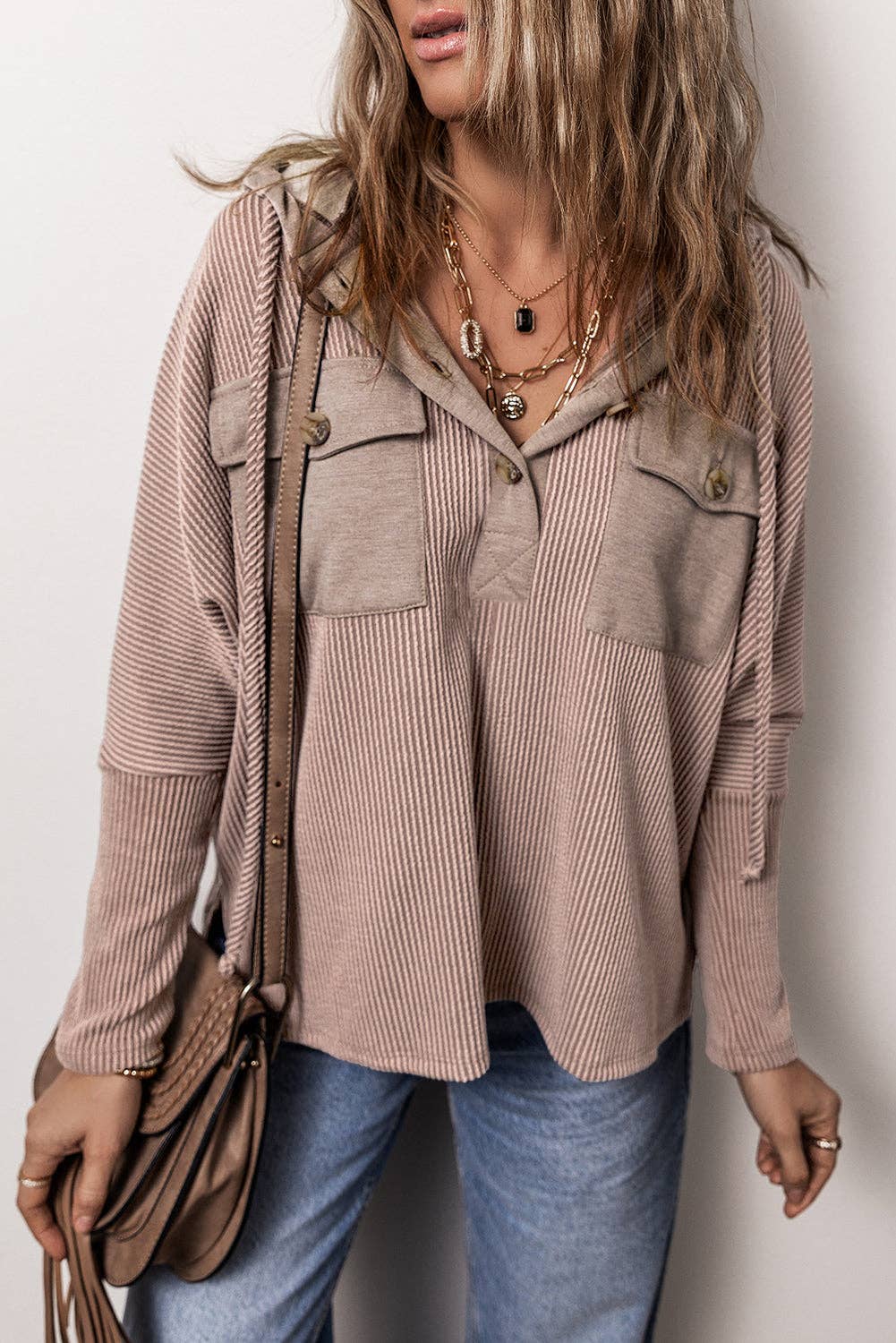 Corded Flap Pocket Drawstring Hoodie: Dark Brown / S