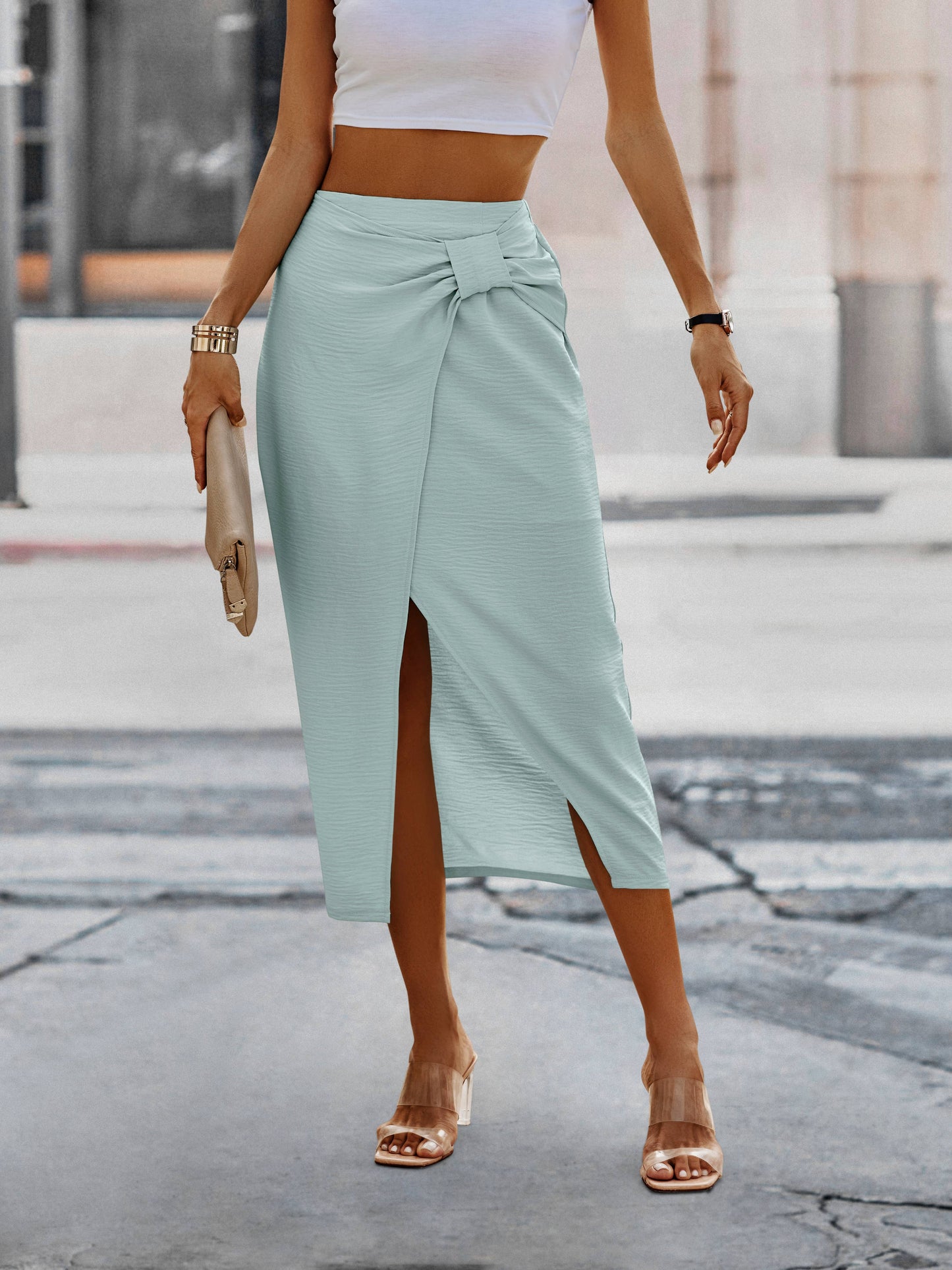 SZ1-SK6025 Front Knot Asymmetrical Tulip Skirt: Clay / M