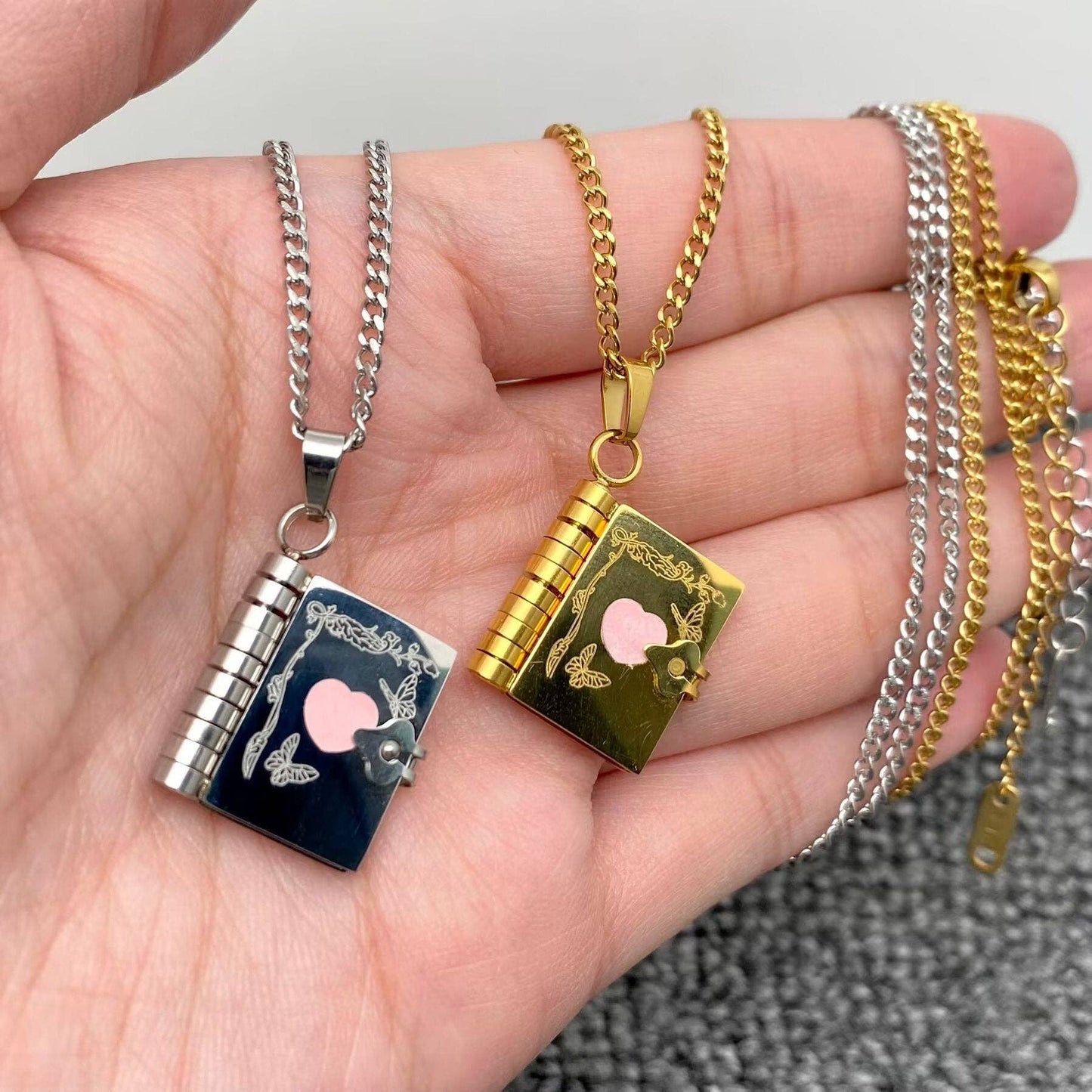 LOVER Heart & Butterfly Openable Book Charm Necklace - FGS: Golden