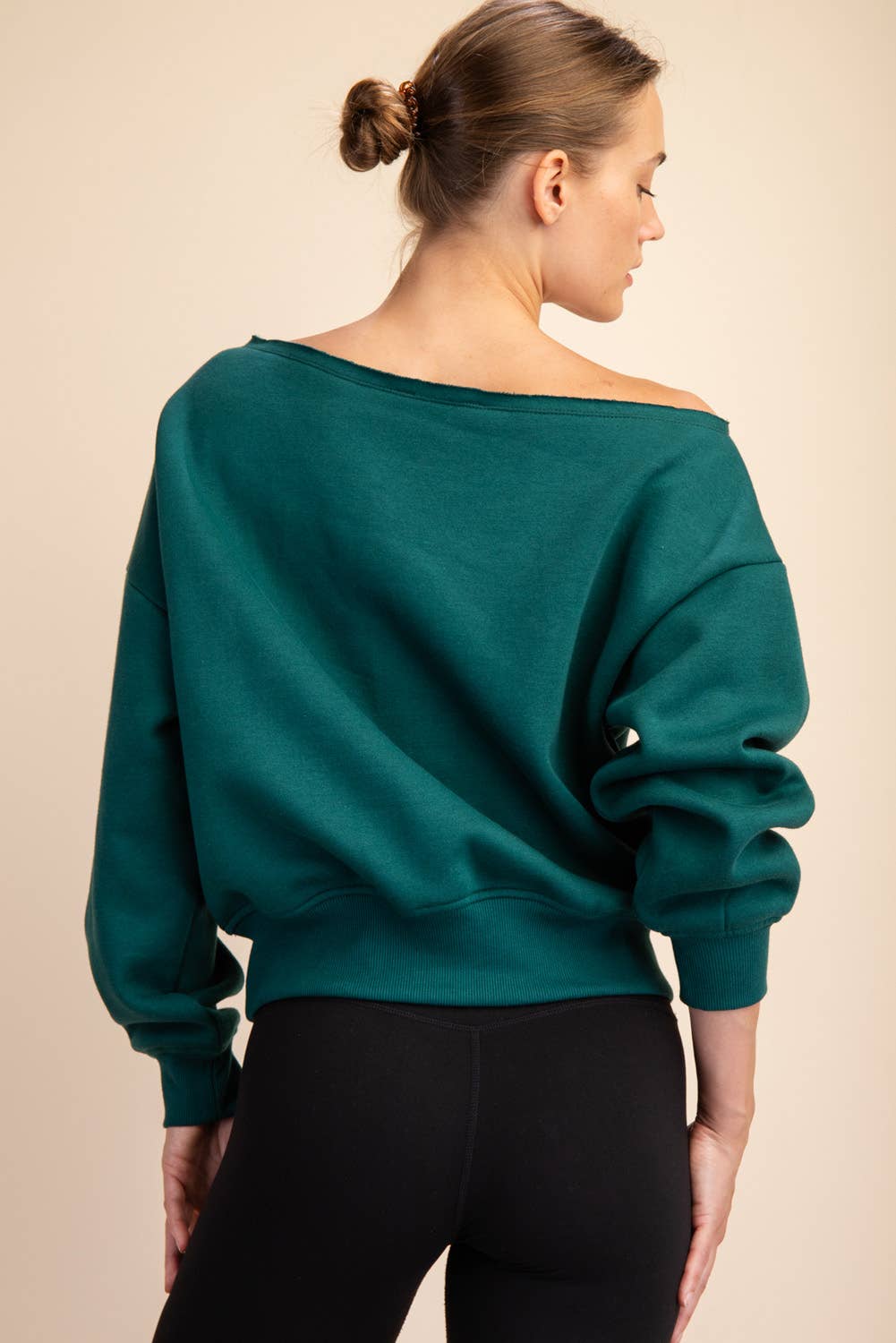 FRENCH TERRY FLEECE OFF SHOULDER SWEATSHIRT: Eucalyptus / S-M-L(2-2-2)