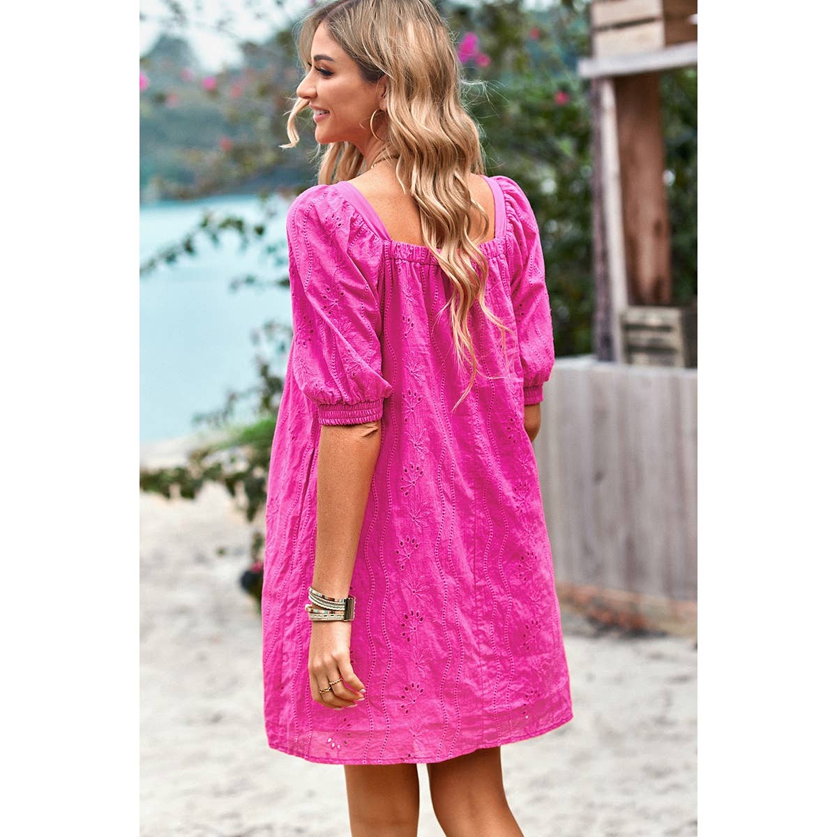 Square Neck Short Bubble Sleeve Babydoll Dress: WHITE / L