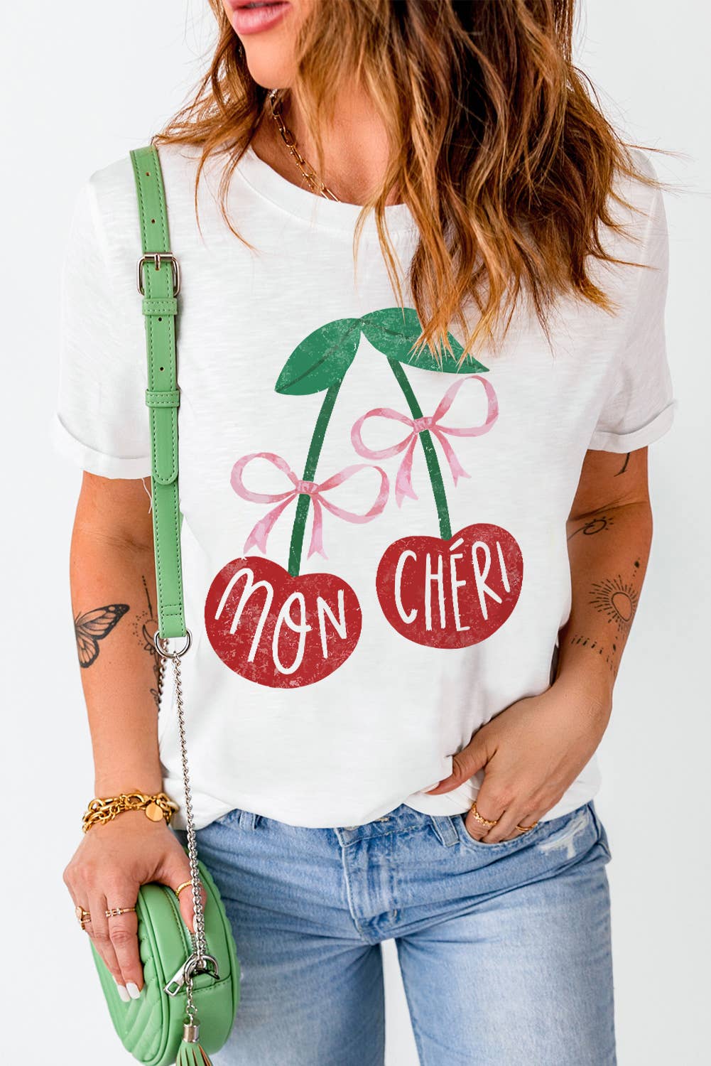 LDC MON CHERI Cherry Graphic Crewneck T shirt: White / L