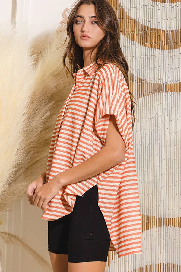 T1702-1C  Short Dolman Sleeve Oversized Stripe Shirt Top: Coral / S-M-L (2-2-2)