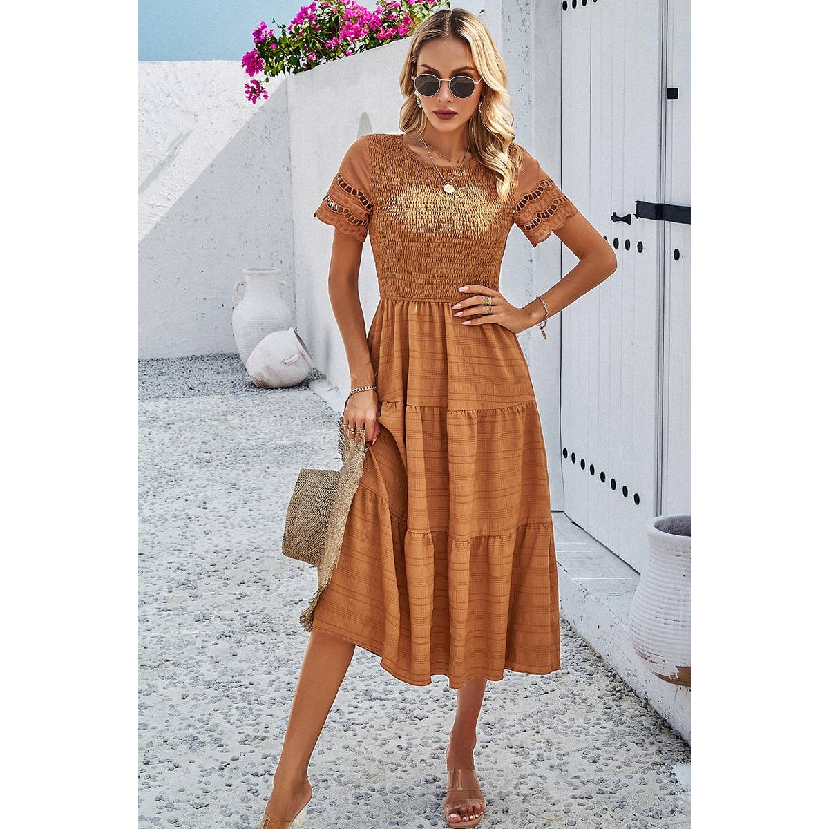 Lace Round Neck Ruched Fit Ruffle Solid Dress: WHITE / S