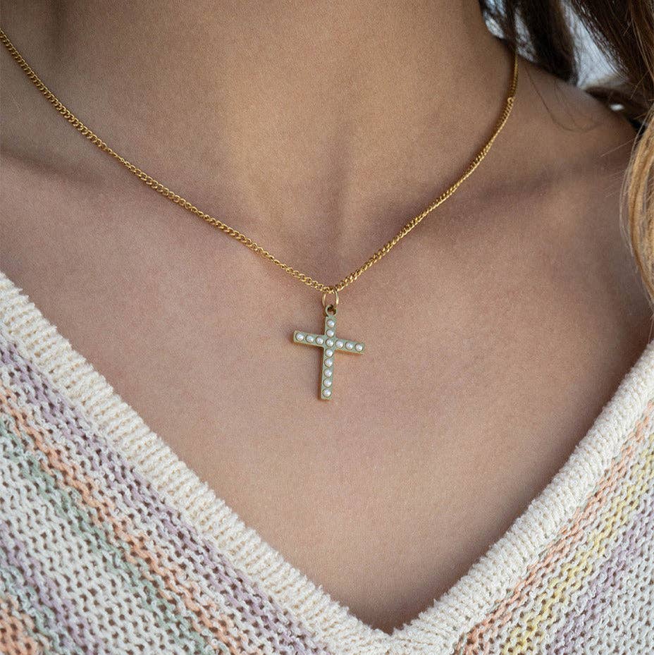 18K Gold PVD Stainless Steel Pearl Beaded Cross Charm: Stainless / 15mm