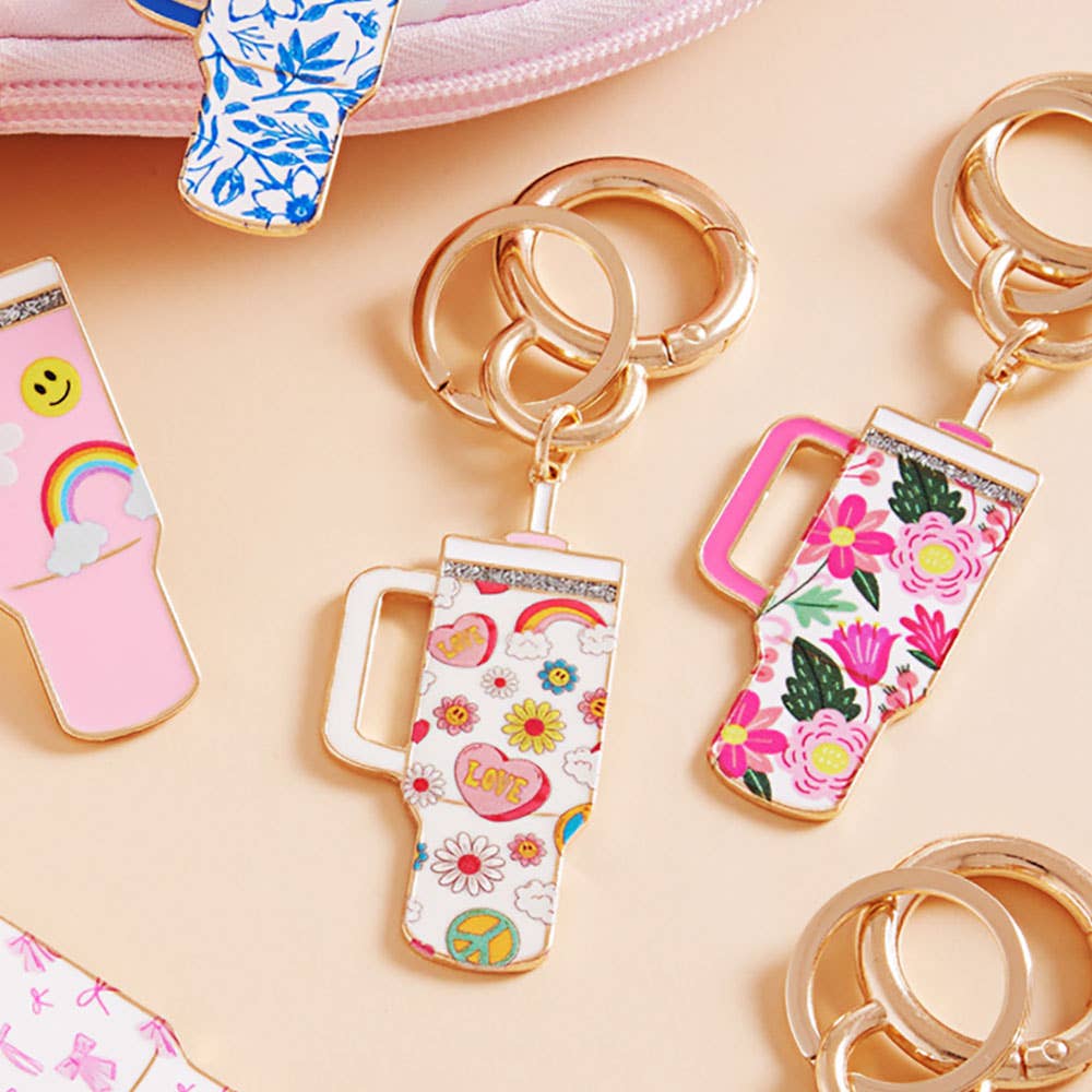 Enamel Floral Tumbler Back Engraved Keychain Bag Charm: Blue