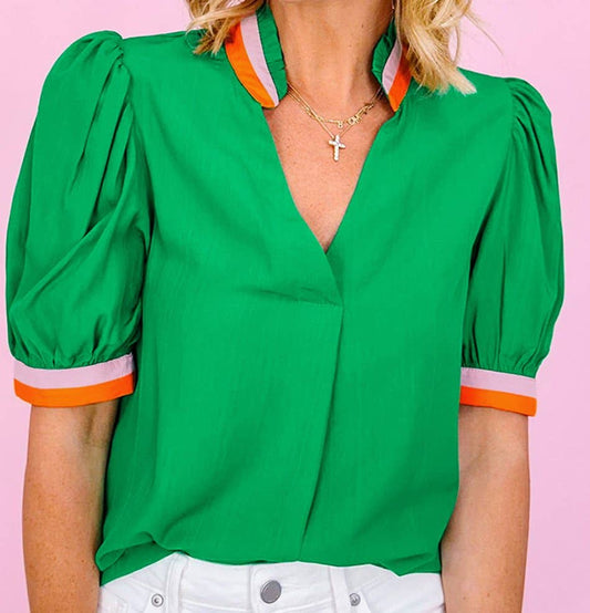 Colorful Trim V Neck Short Sleeve Blouse: Green / S