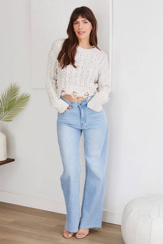 ROUGH EDGE CUT HIGH-WAIST WIDE DENIM PANT(F335-DENIM): L