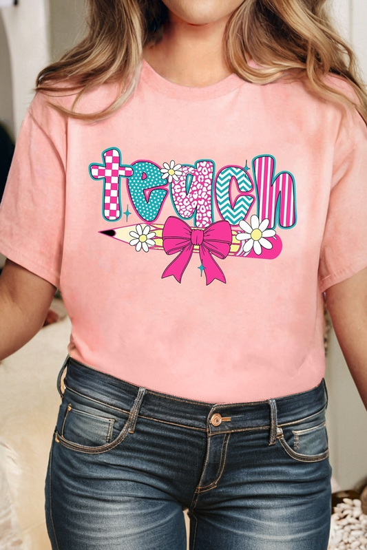 LDC Preppy Retro Checkered Coquette Teach Graphic T-Shirt: Pink / S