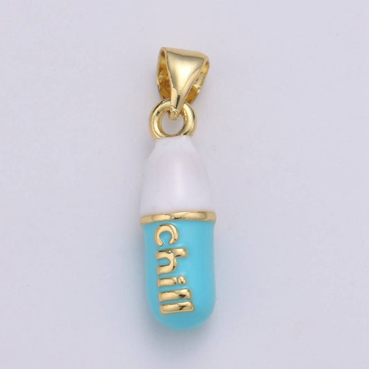 Mini 24K Gold Filled Pill Bar Charm Enamel Pink Love Chill Happy Pill Pendant for Bracelet Necklace Earring Component Supply 23x5mm J-203~J-207,J-209~J-213,J-244~J-248: Chill Teal