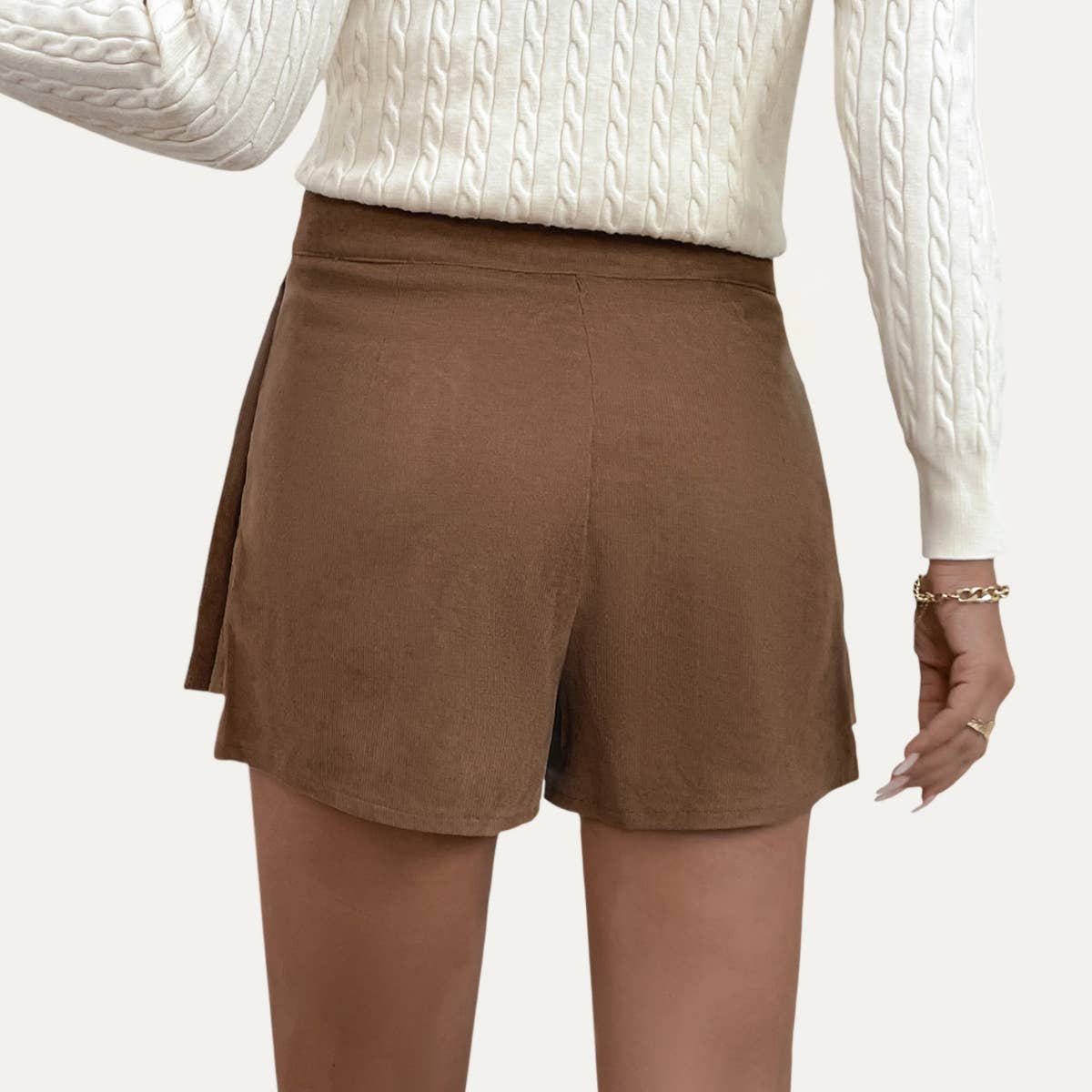 Trendy Corduroy High-Waisted Pleating Mini Skort: Coffee / M